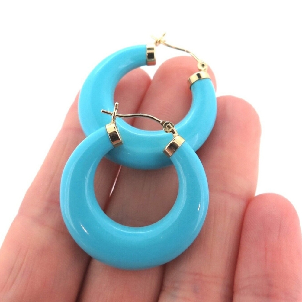 Blue Turqouise Hoop Earrings with 14k Gold Accents